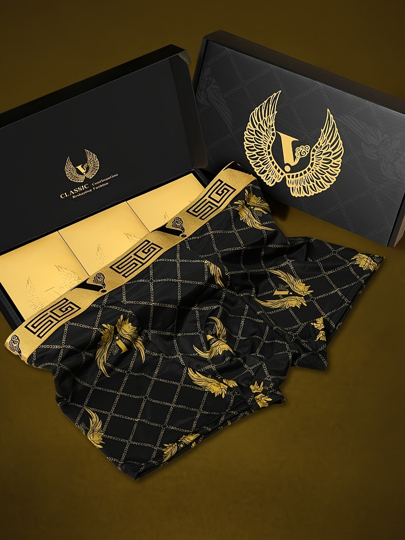 Black Golden Gift Box Package - 3-piece Men's Golden Wing & Chain Print Boxer Briefs Set, Comfortable & Luxurious Underwear, Perfect as Gift