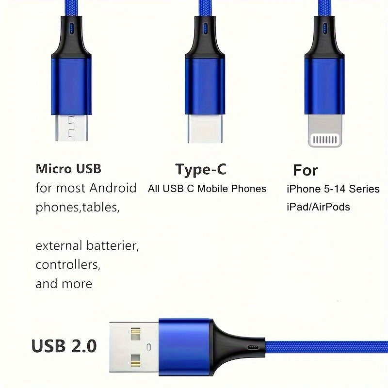 3in1 Multi Charging Cable for iPhone, Type-C, and Micro USB devices, compatible with Samsung, Redmi, OnePlus, Xiaomi, and more.