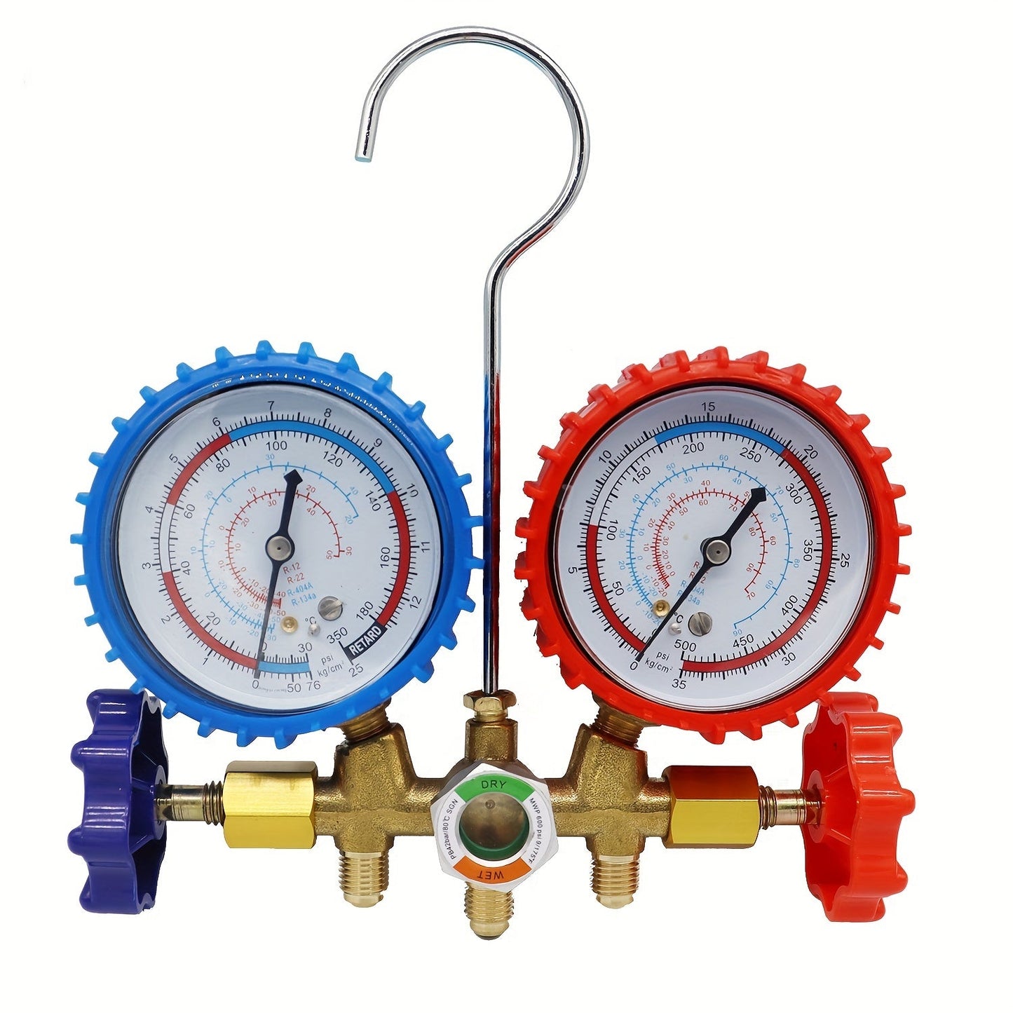 HVAC & Auto 3-Way AC Manifold Gauge Set - Refrigerant Charging Tool with Quick Couplers and Valve Core Kit - Works with R404A, R134A, R12, R22 refrigerants