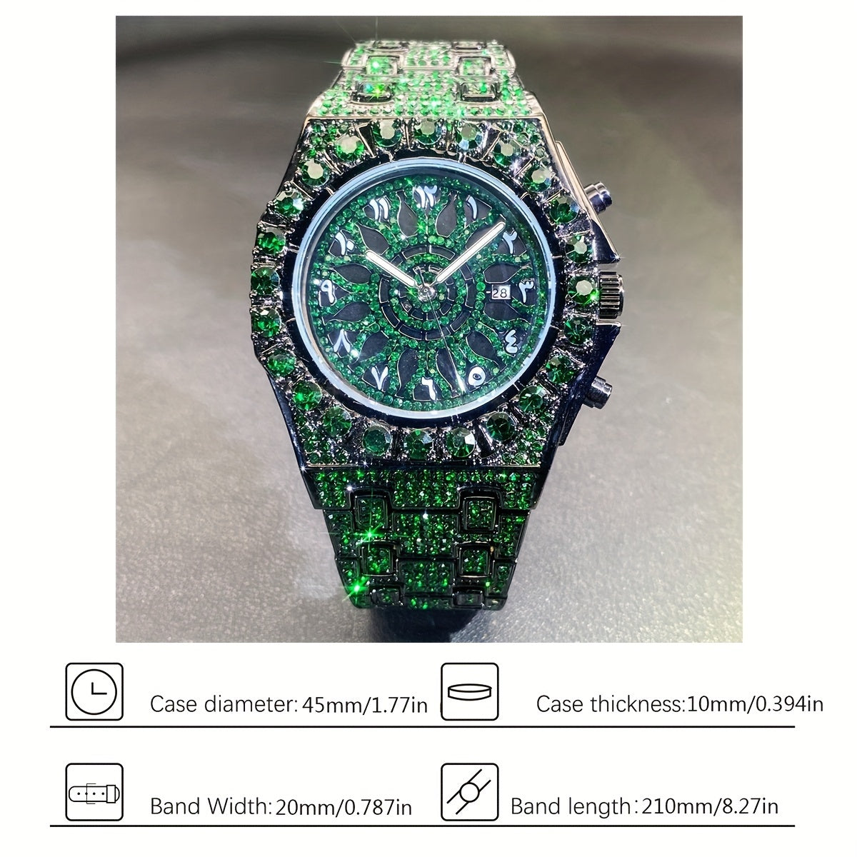 New men's hip hop watch with date party green ice rhinestone clock, fashion quartz watch luxury.