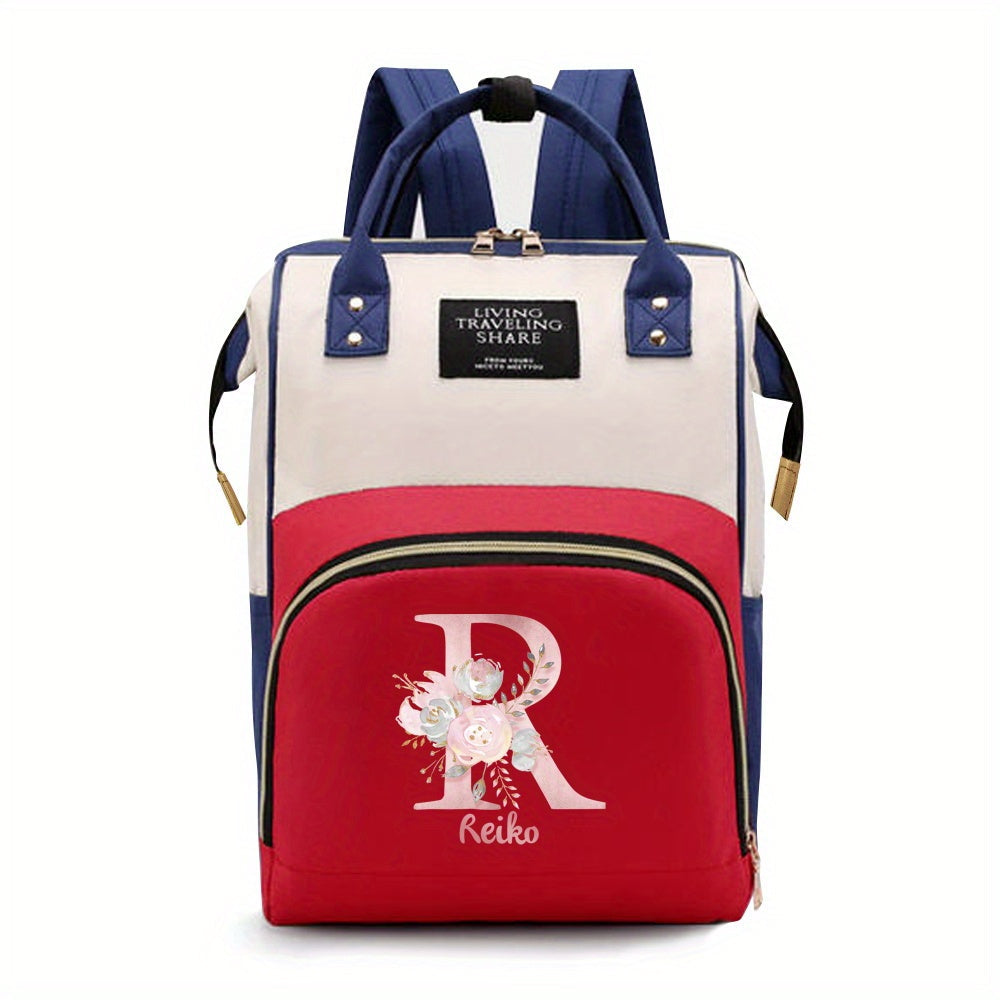 Personalized Mommy Backpack made of durable Oxford cloth with ample storage space for diapers and other essentials. Features customizable initials and name, as well as convenient bottle pockets. Perfect for nursing mothers on-the-go, with options for A-Z