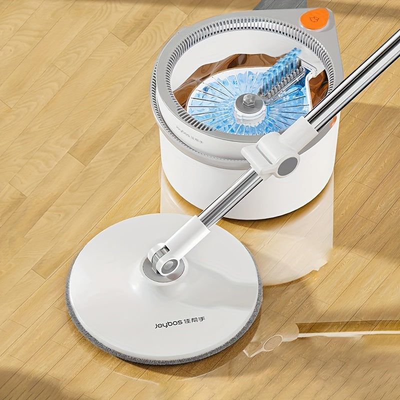 Experience the convenience of the JOYBOS Spin Mop and Bucket System, featuring a long handle for hands-free wash, dust removal, and both dry and wet use on home, kitchen, and bathroom floors. Made from durable plastic material, this system requires no