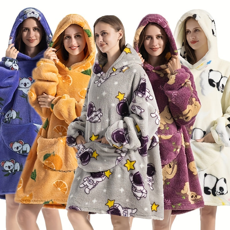 Animal-Themed Cozy Fleece Hooded Wearable Blanket - Reversible, Hand-Wash Only - Ideal for Outdoor Adventures and Home Relaxation