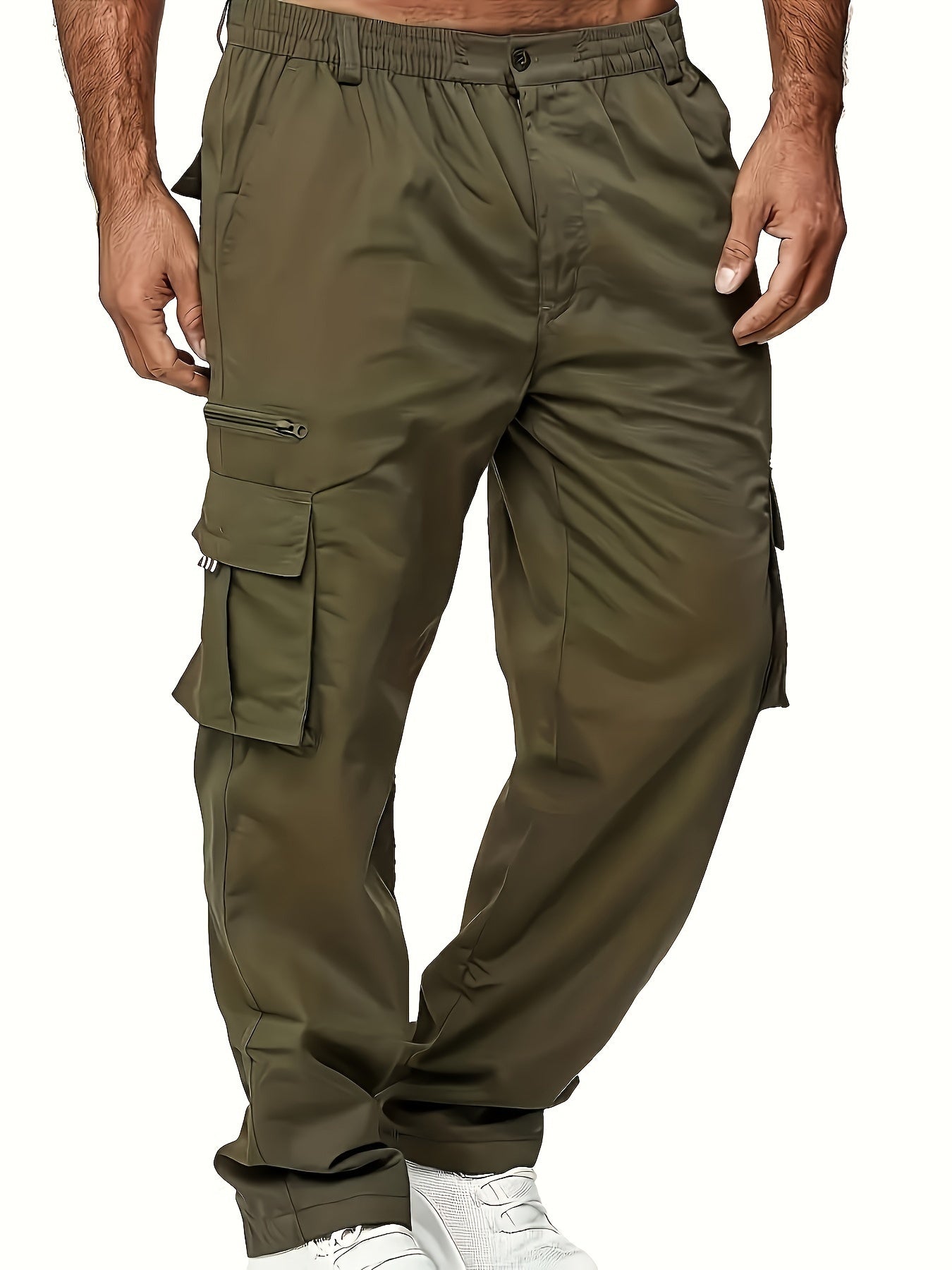 Men's black cargo pants with multiple pockets, made of durable polyester for outdoor casual wear. Features an elastic waistband and ankle straps, machine washable and suitable for all