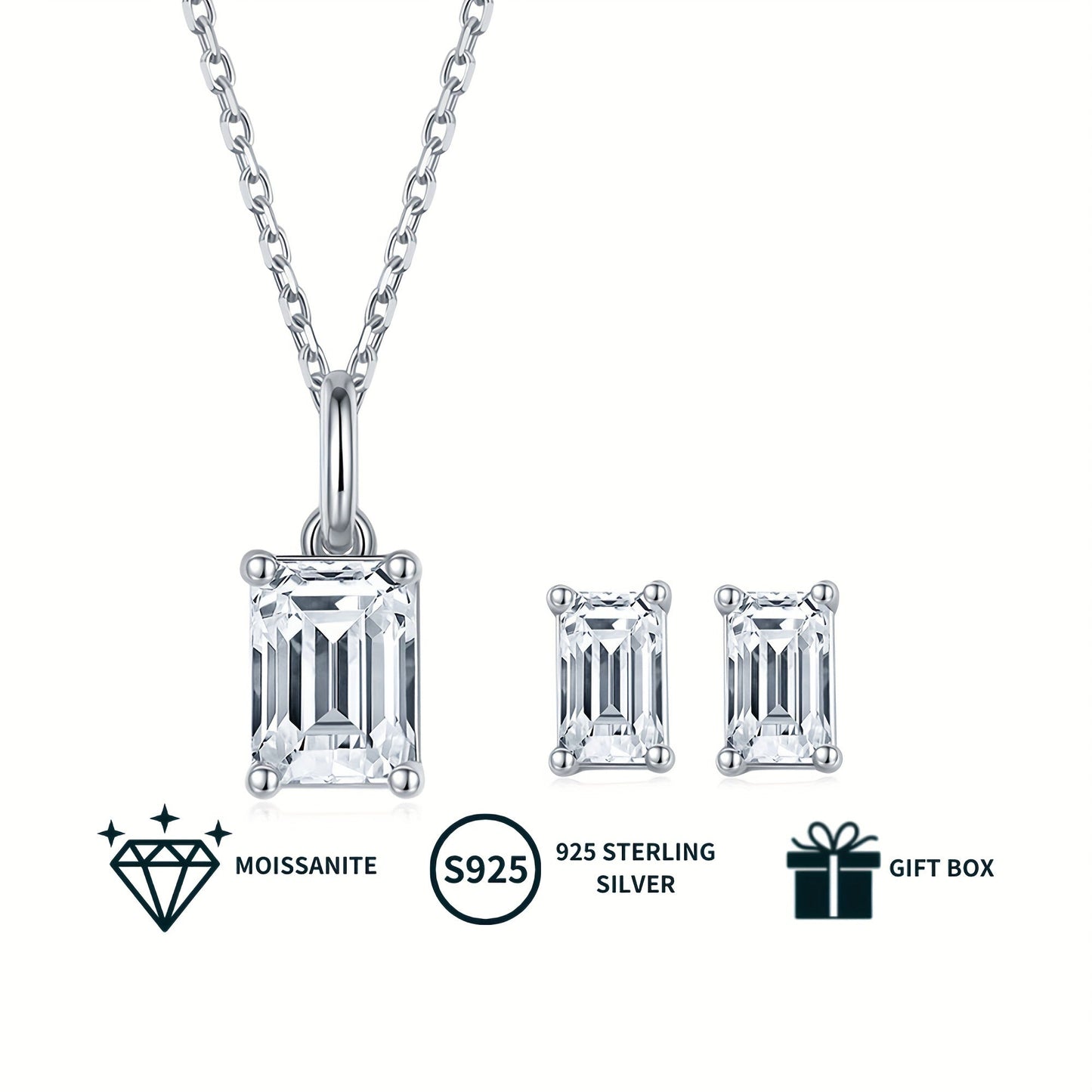 Add a touch of elegance with the PROLIANCE Elegant Moissanite Jewelry Set. This classic set includes a rectangular pendant necklace and stud earrings, both made with 925 sterling silver plating. Choose from 1.0-2.0CT for the pendant and 0.5-1.0CT for the