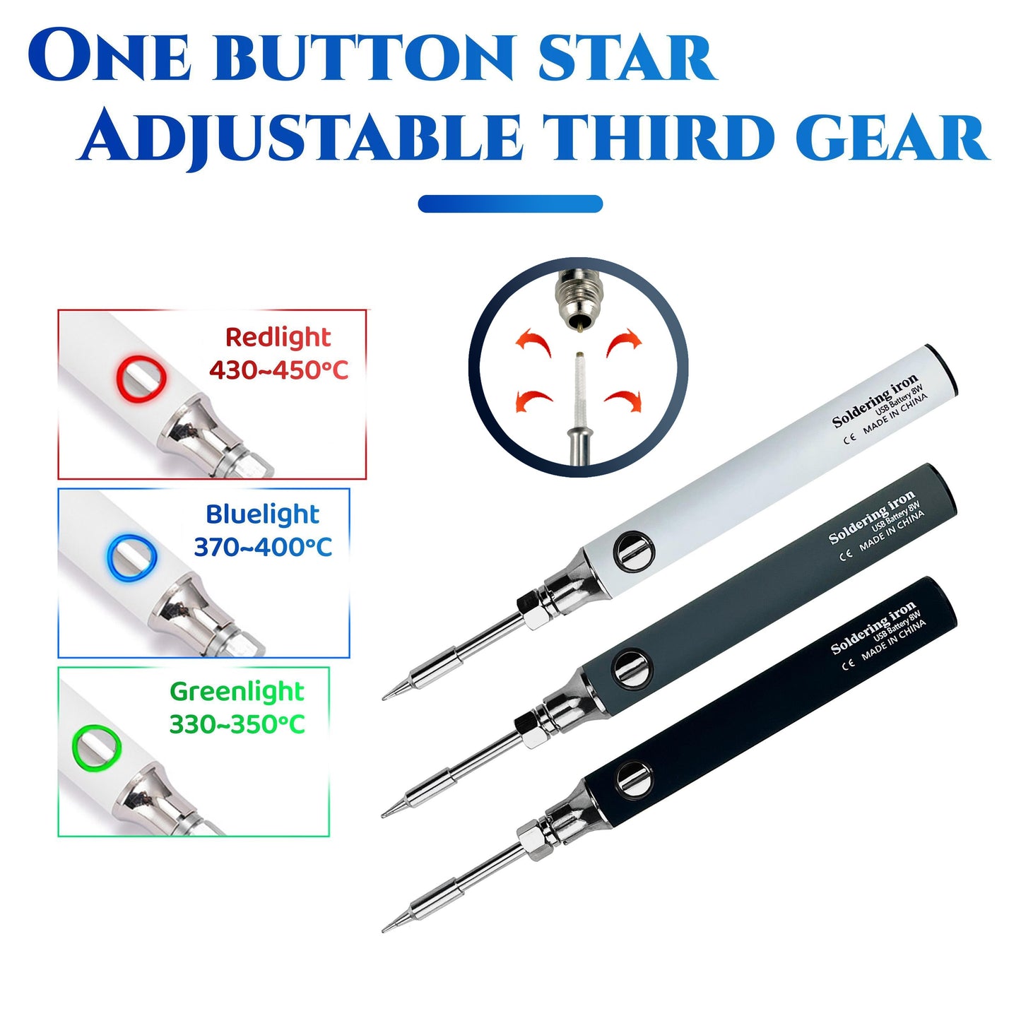 USB rechargeable soldering iron set with high heating rate and easy operation, suitable for DIY repairs at home or outdoors with nichrome heating element.