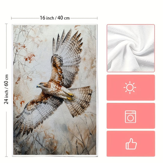 Two ultra-soft kitchen towels featuring the piercing cry of a hawk flying above. These dish towels are highly absorbent and perfect for holiday decoration. They are machine washable and measure 40.64X60.96 cm.