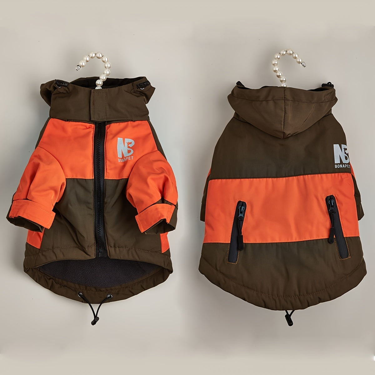 Reflective winter jacket for pets with color block design.