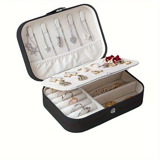 Romantic-themed black jewelry box with velvet lining, snap closure, and multipurpose locking case for earrings, necklaces, and lipstick. Glamorous design, no need for electricity. Tabletop organizer.