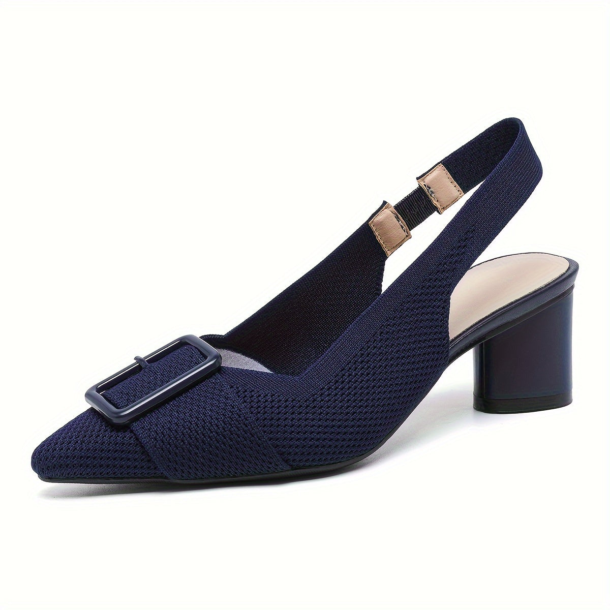 Women's mid-heel pumps with breathable knit, pointed toe, slip-on style, and chunky heel for all seasons.