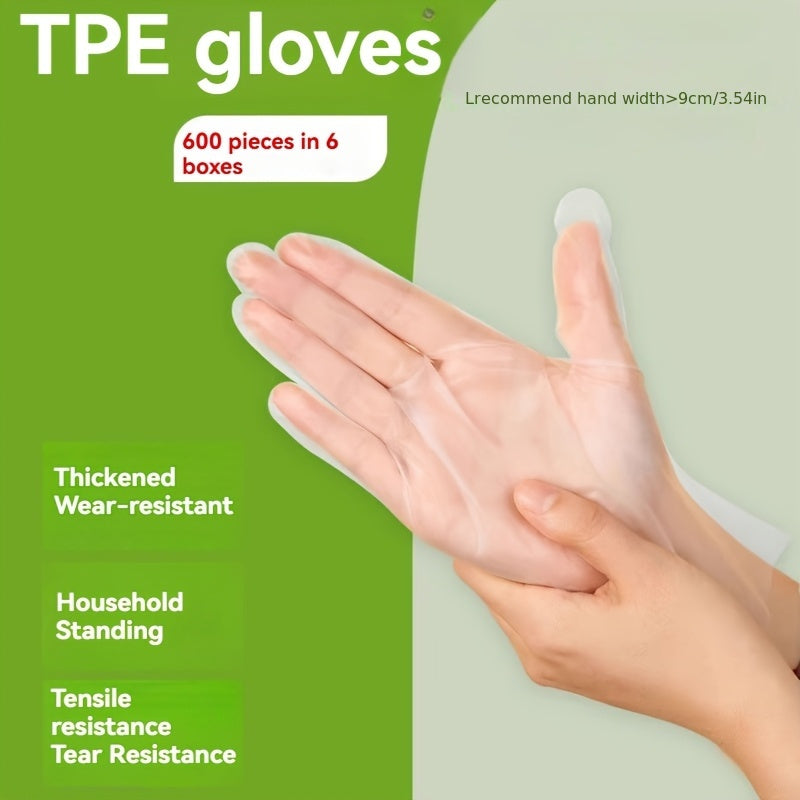 Disposable TPE gloves in packs of 100, 300, and 600, suitable for catering. Transparent and protective, made of food-grade material.