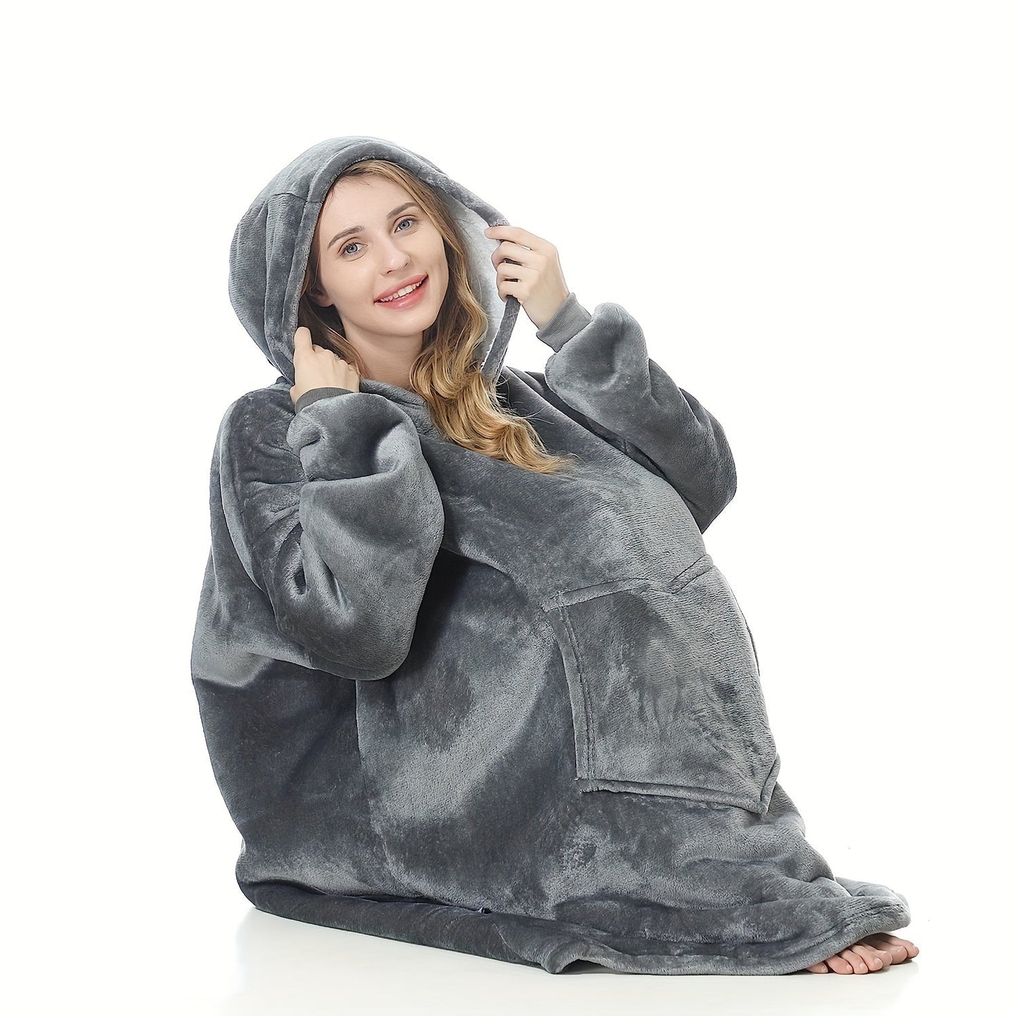 Grey Ultra-Soft Sherpa Fleece Oversized Hoodie Blanket - Cozy, Reversible Snuggle Sweatshirt with Giant Pockets, Machine Washable