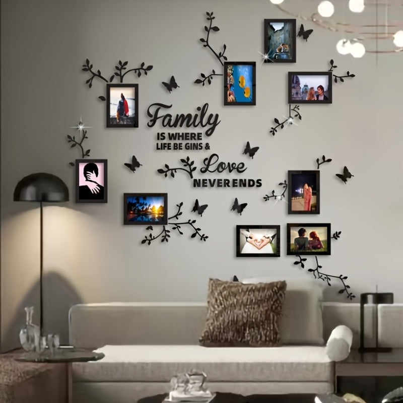 A puzzle sticker set with flower branches, butterflies, and 9 photo frames for DIY wall decoration in various spaces.