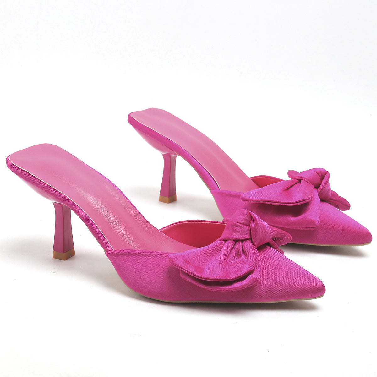 Women's bowknot design stiletto heel shoes with elegant slip-on style and pointed toe for summer dresses.