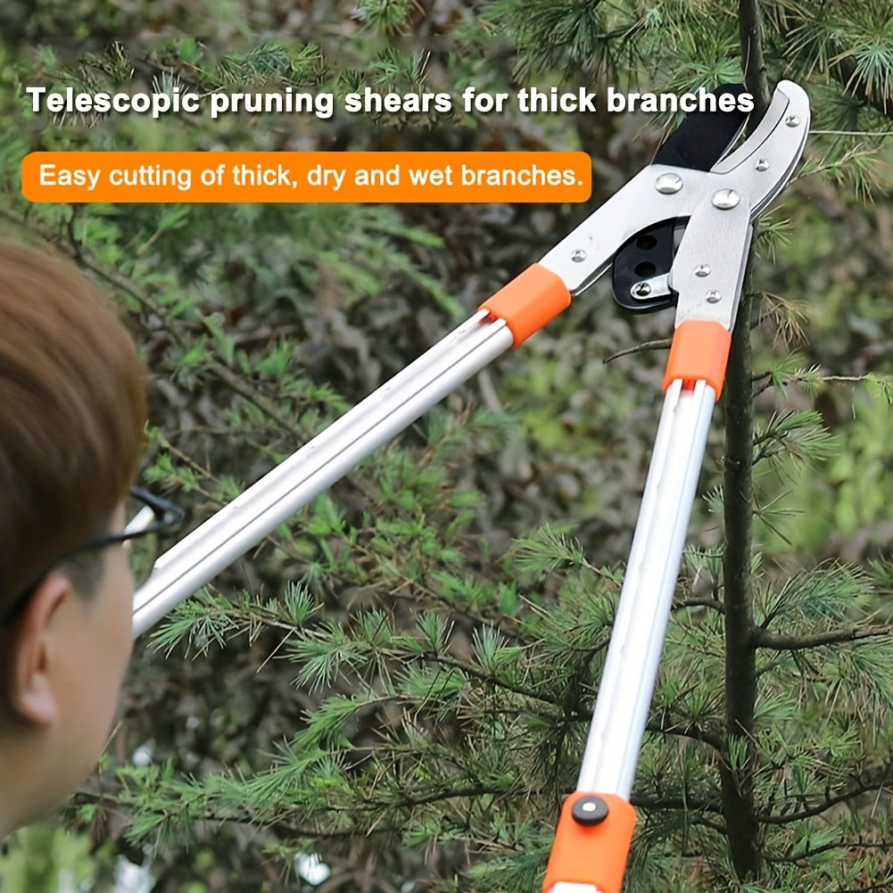 Adjustable telescopic tree trimmer with heavy-duty pruning shears, high-carbon steel blade, and contemporary metal construction for lawn and garden care.