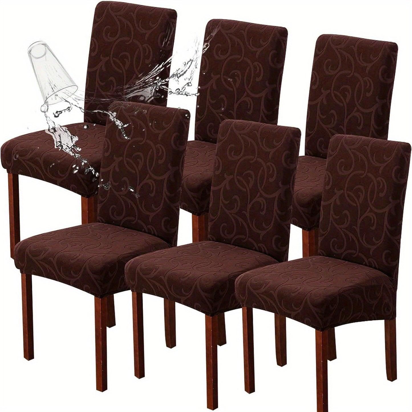 Waterproof chair slipcovers in 4pcs or 6pcs, stretch jacquard design for dining chairs. Removable, washable protector for home or commercial use.