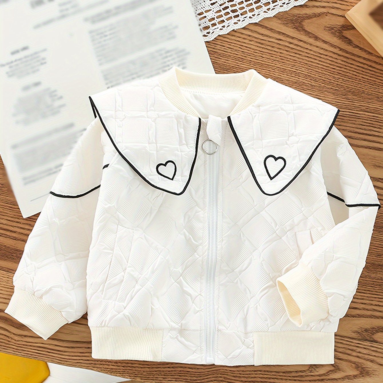 White polyester jacket with heart collar - perfect for spring/fall, casual zip-up outerwear for girls, machine washable.