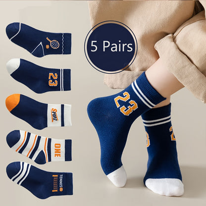 5 pairs of boys' graphic fashion, sports, and warm socks for autumn/winter