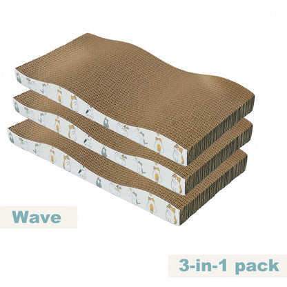 Durable cat scratcher pad made of extra-large corrugated cardboard, reversible with wave pattern, non-slip base, protects furniture and cares for cat's claws.