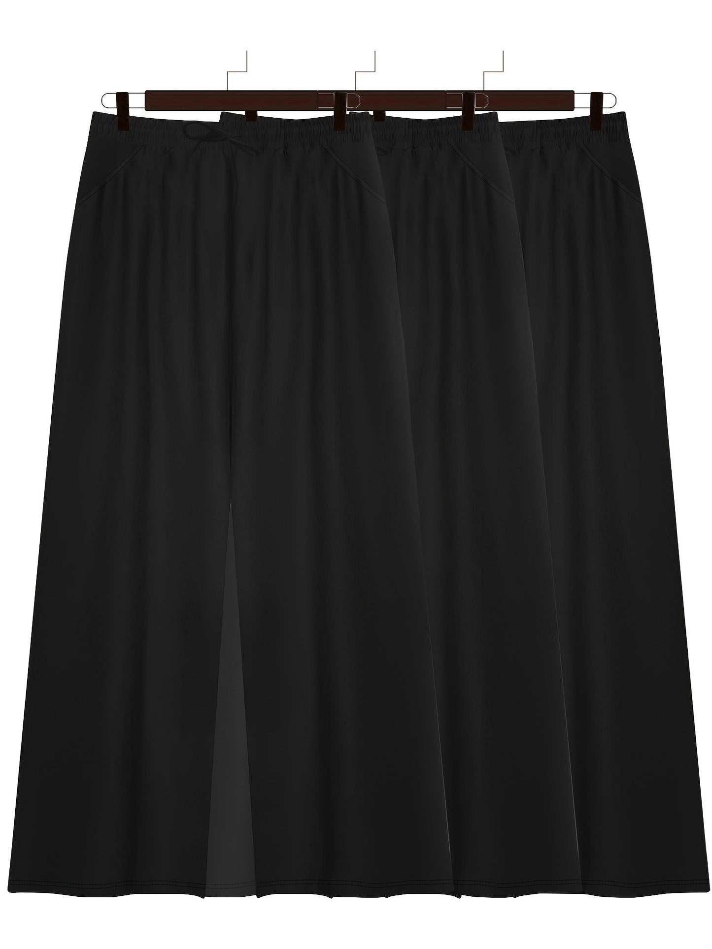 3-Pack of plus size high waist wide leg pants with drawstring and pockets. Made with high stretch knit fabric (88% polyester, 12% elastane) in a solid color, long length suitable for all