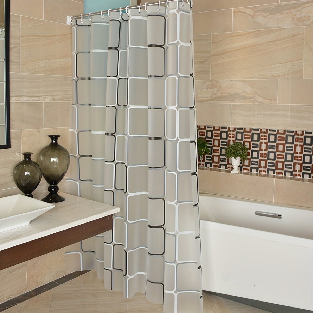 EVA Polyethylene Checkered Bath Drape with Durable Metallic Grommets and Plastic Hooks, Water-Resistant and Lightweight for All-Season Space-Themed Shower Partition