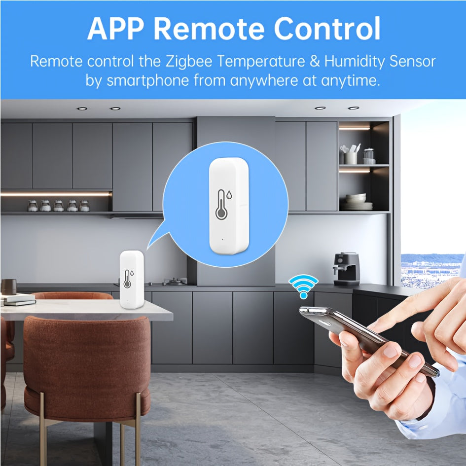 Smart sensor for detecting temperature and humidity changes, connects to WiFi/ZigBee protocol for app control of air conditioner and humidifier. Can be operated remotely via mobile phone