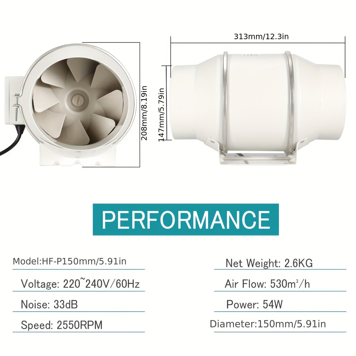 High-Speed 10.16cm Inline Duct Fan with Mixed Flow - Quiet, powerful ventilation for heating & cooling, perfect for grow tents & hydroponics, easy installation, 220V.