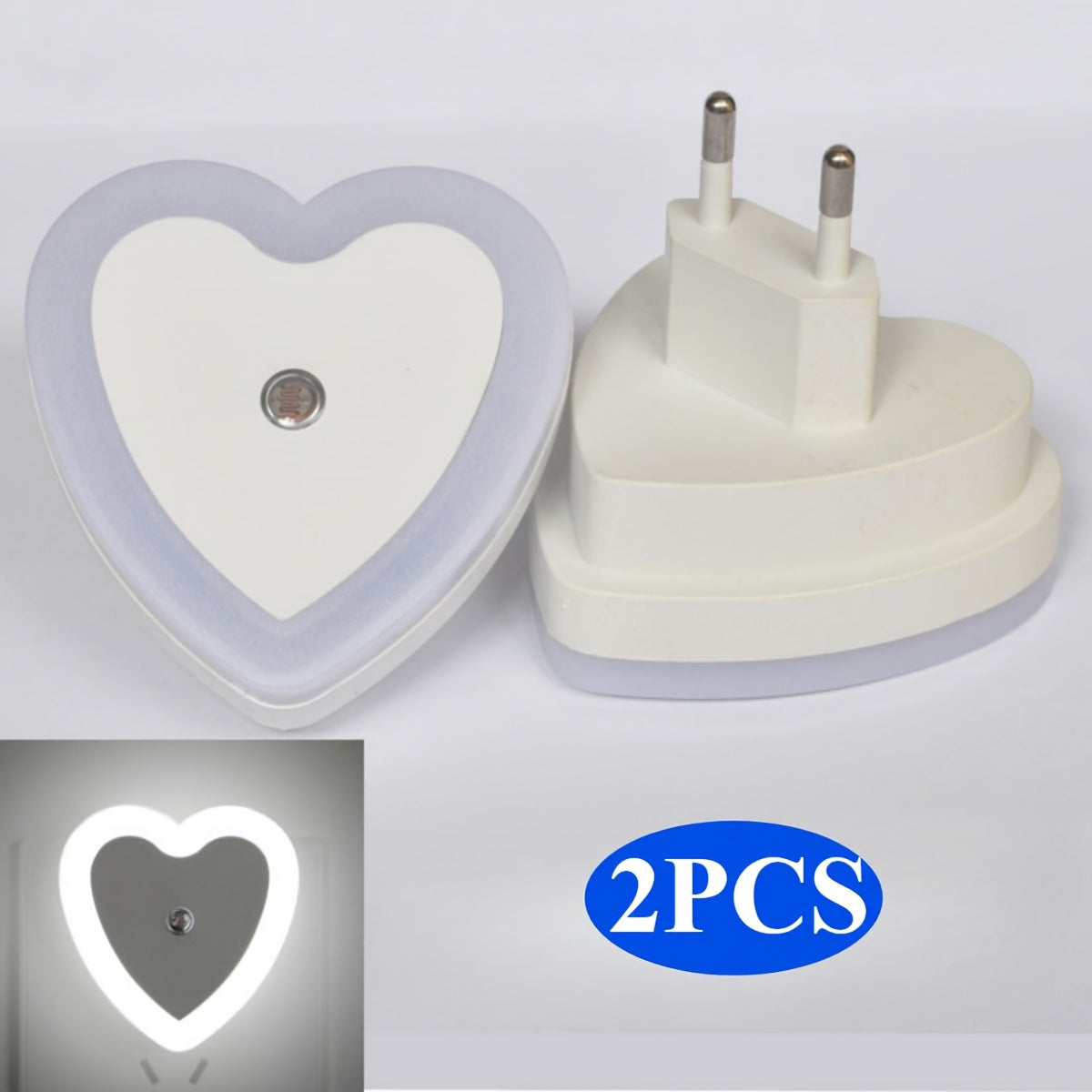 Heart-shaped LED night light with built-in sensor and European plug for indoor use. Ideal for stairways, bedrooms, kitchens, and hallways. Not waterproof. Can be wall-mounted.