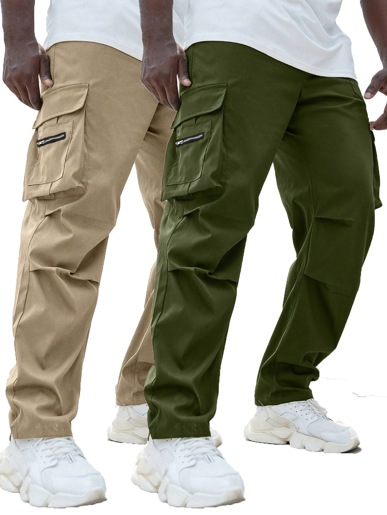 Set of 2 men's plus size cargo pants in solid color polyester with pockets, drawstring, and zipper details. Non-stretch woven for all-season wear.