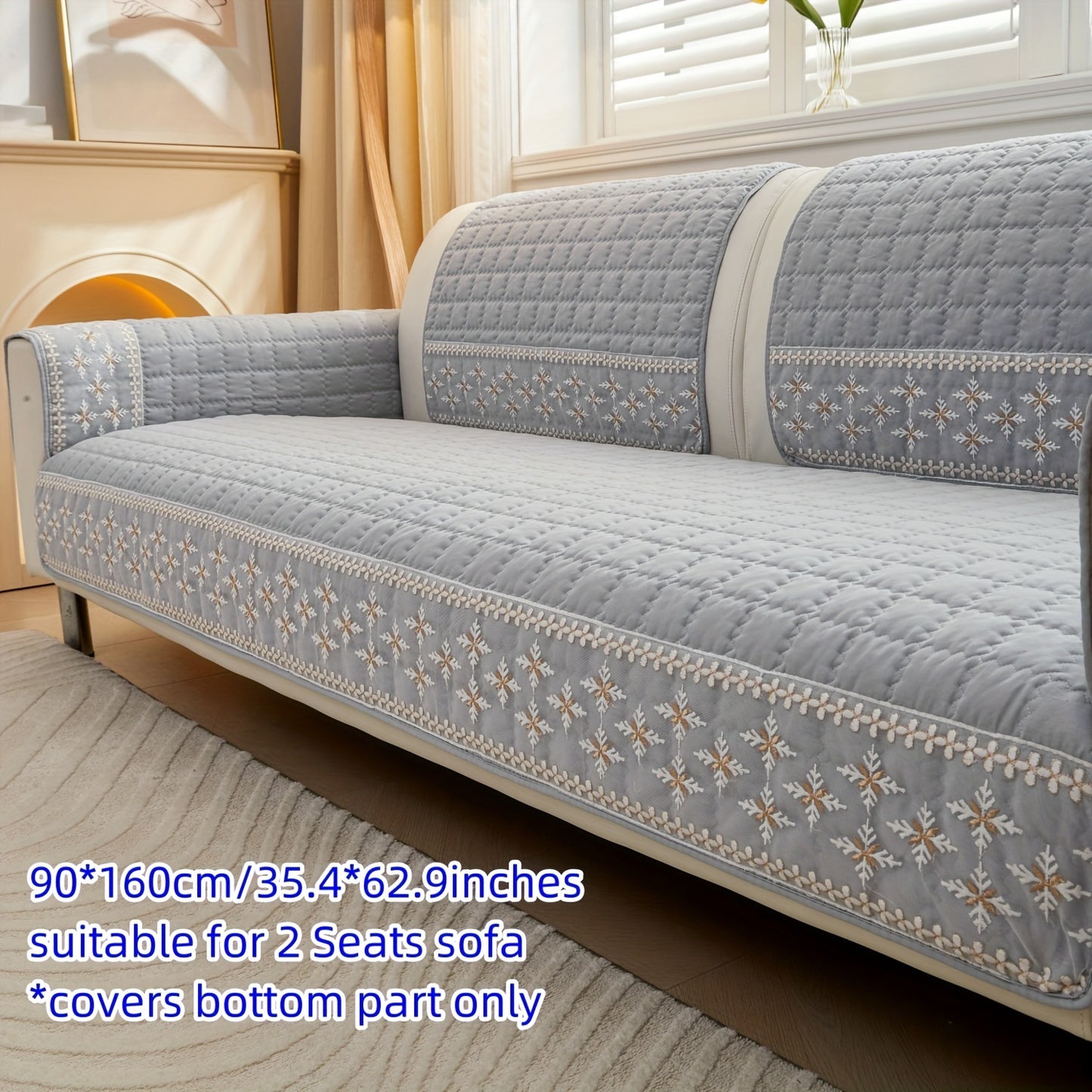 Gray velvet waffle sofa cover with lace detailing, non-slip and pet-friendly. Fits 1-4 seater sofas, machine washable.