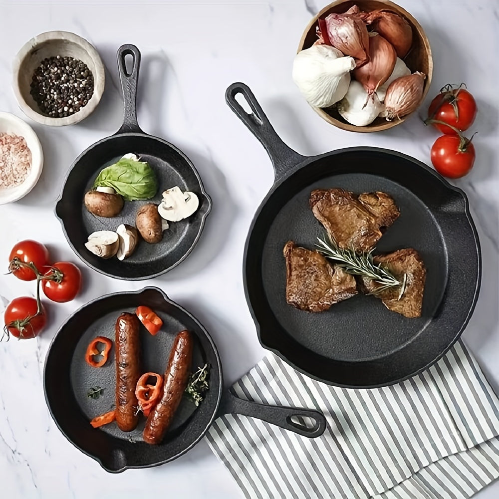 Top-quality Cast Iron Skillet featuring a pre-seasoned, non-stick surface that is ideal for making flawless eggs and pancakes without any smoke. This versatile skillet is suitable for use in the oven and can be used on both electric and gas stoves.