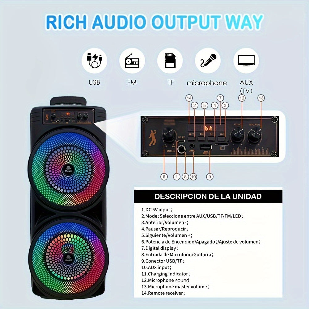 High-power portable stereo speaker with LED lights, USB, wireless connectivity, bass boost, hi-res audio, button control, rechargeable lithium battery. Suitable for music players, TVs