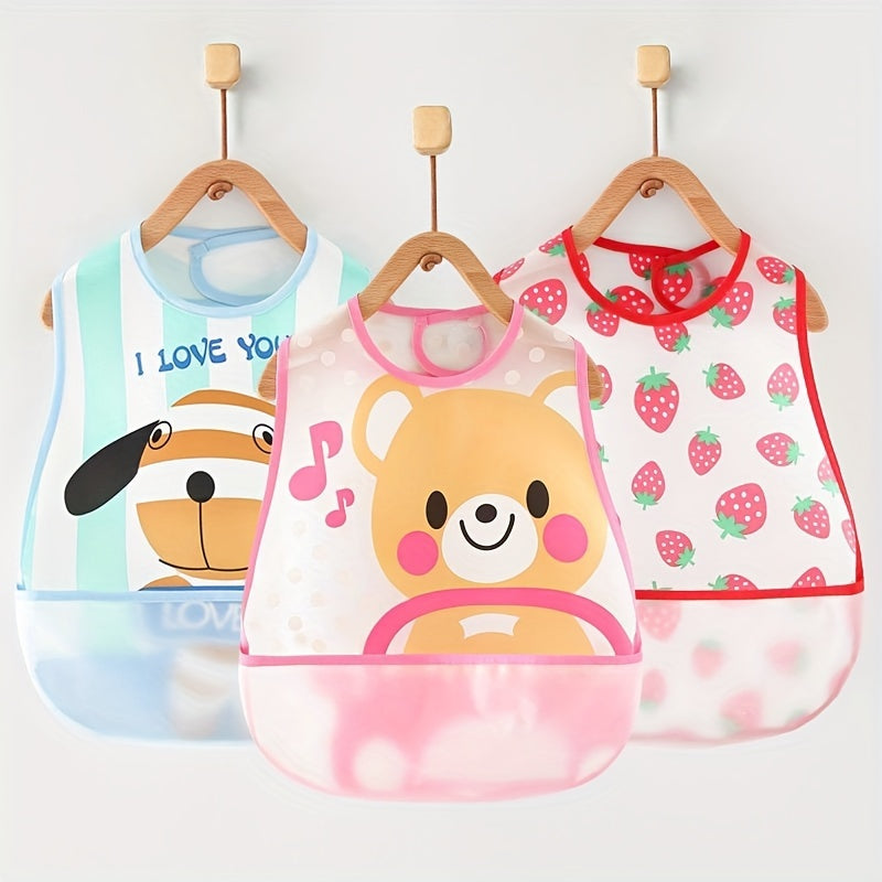 Three water-resistant bibs with hook and loop closures, featuring a cartoon design made of polyester material. Suitable for children up to 6 years old, these drool bibs are easy to clean and can be used as a feeding apron.