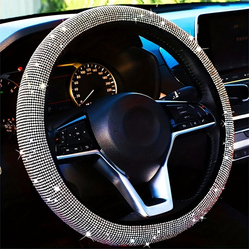 Bling car steering wheel cover made of stretchy spandex, fits most vehicles without inner ring.