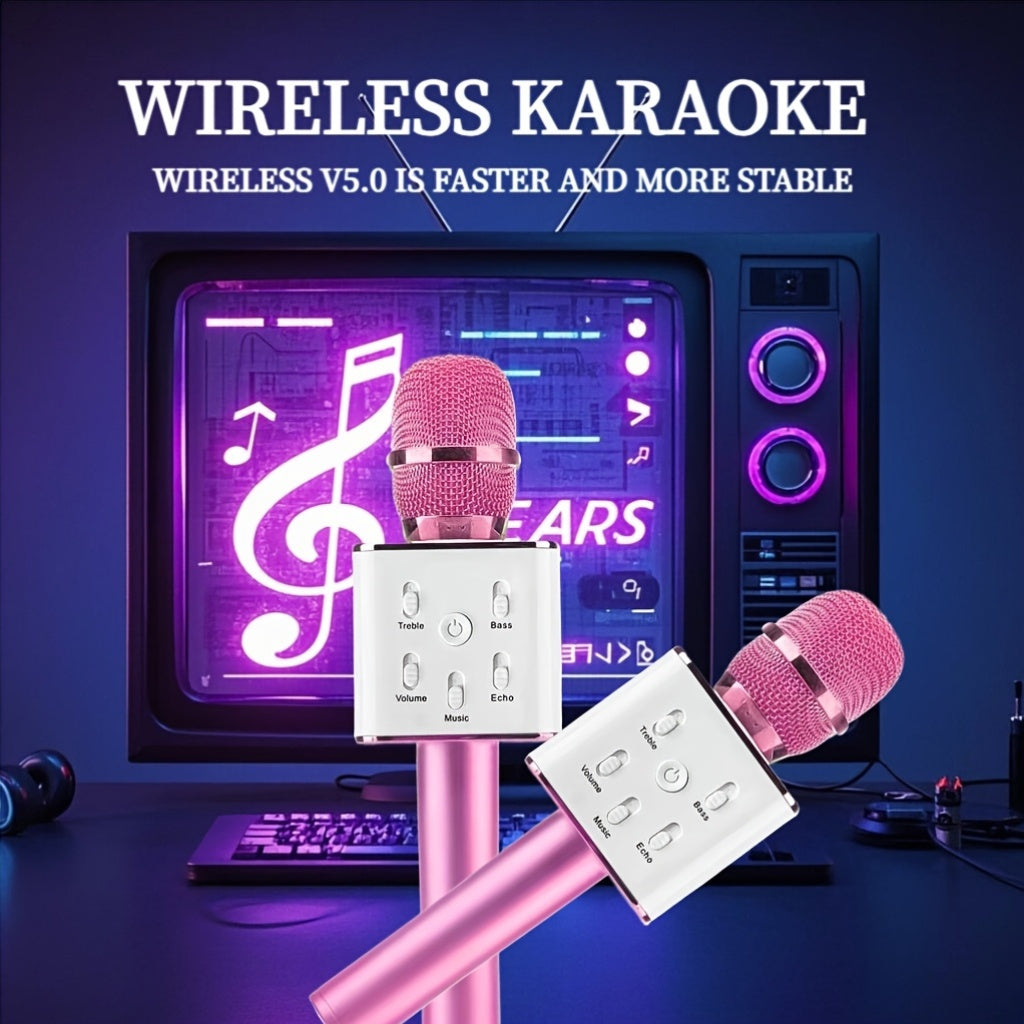 Wireless Karaoke Microphone System with USB-C rechargeable handheld design and 1200mAh lithium battery. Portable for family gatherings and parties, perfect gift for singers and entertainers.