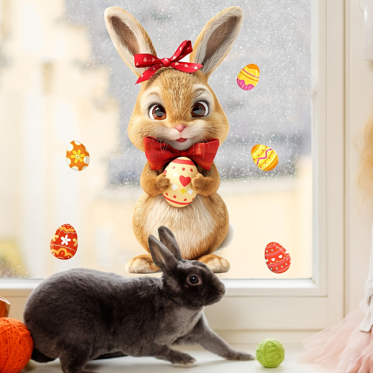 Easter themed window sticker featuring a rabbit, egg, silk, and double-sided adhesive (20*30cm) - perfect for living room decoration (model number D16012-YJ)