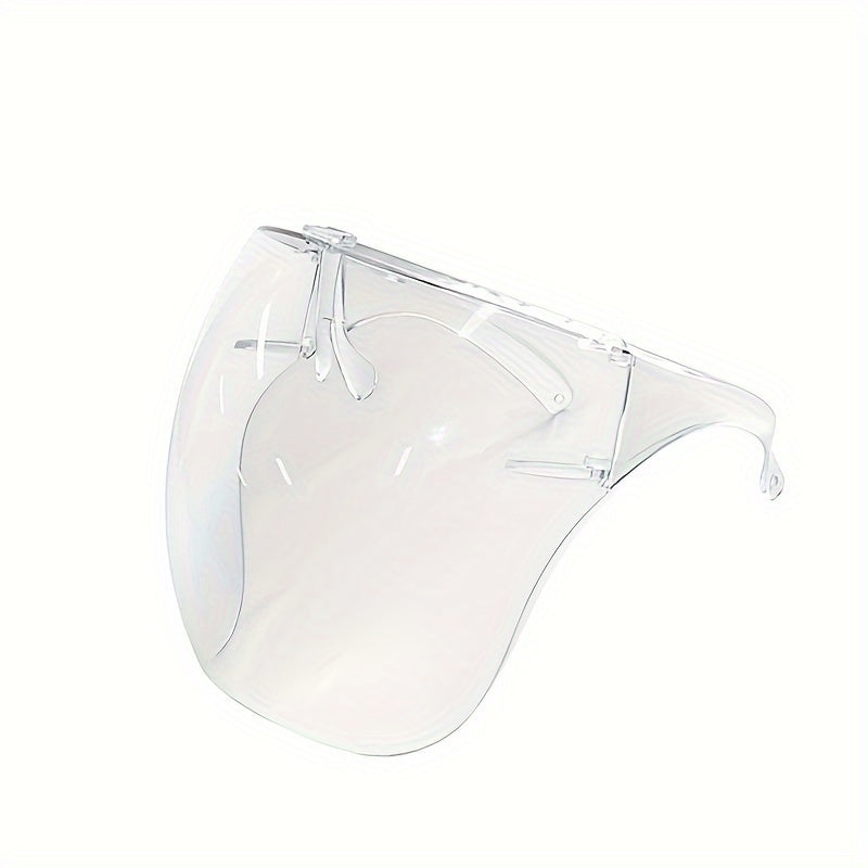 Transparent anti-fog mask with full face protection, suitable for cycling, work, and hospital use, compatible with glasses.