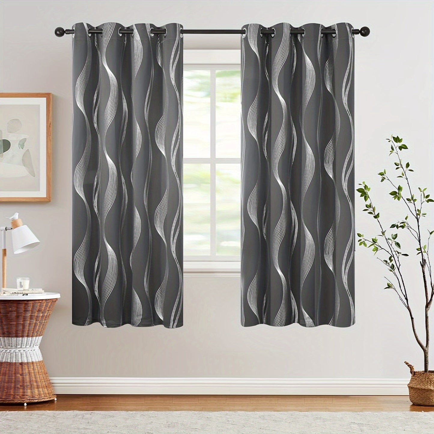 Two pieces of contemporary blackout curtains made from high-quality woven polyester, featuring a grommet top design for easy hanging. These room darkening drapes are machine washable and showcase a fantasy stripe pattern with eyelet detailing. Suitable