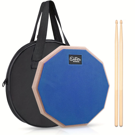 Drum practice pad set with 30.48 cm pad in gray, blue, and orange with drum sticks.