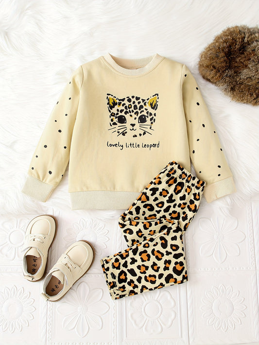 Toddler girls leopard print set including pullover sweatshirt and pants, ideal for outdoor activities in spring and fall season.