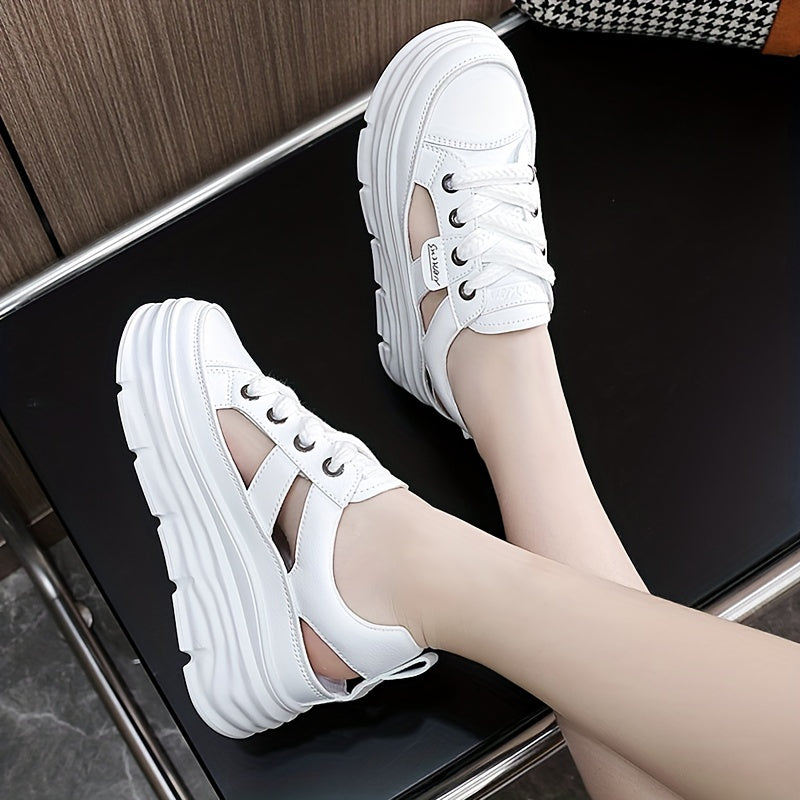 Summer 2024 Women's Breathable Cut-Out Sneakers with Hidden Height Increase, White.