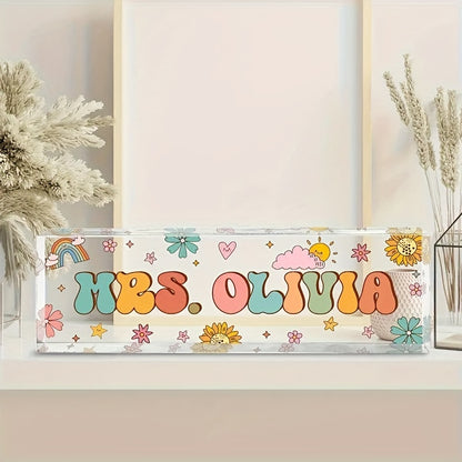 Personalized acrylic desk name plaque for teachers, bosses, employees, and nurses - perfect thank you gift. Uppercase letters only.