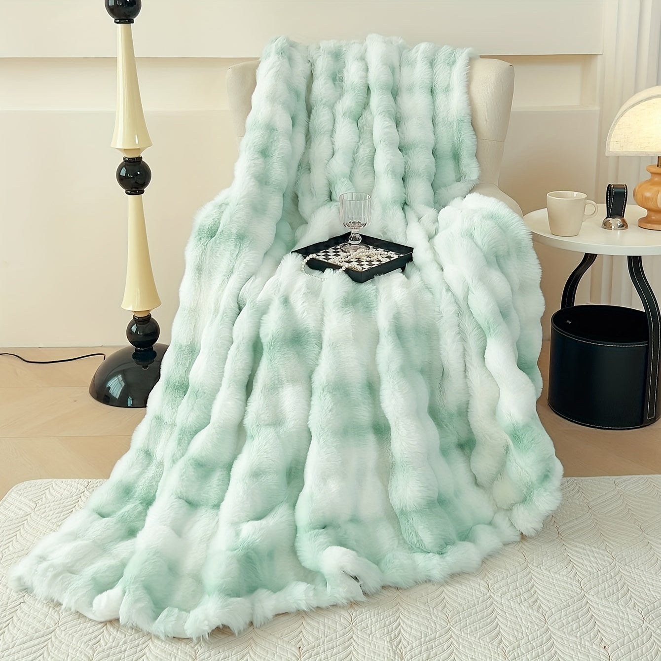 One piece of tie-dye faux rabbit fur blanket with shaggy short plush material for a soft, fluffy bed or sofa blanket, perfect for cozy naps and throws.