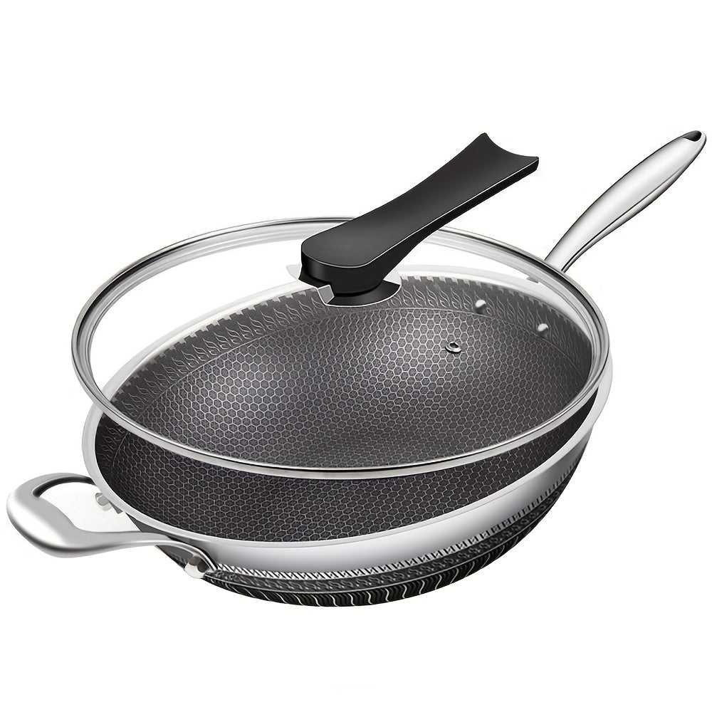 Cook up a storm with this versatile stainless steel wok set, including a lid and flat bottom pot. Suitable for gas stove, magnetic stove, and electric ceramic stove, this kitchenware is a must-have for any home chef.