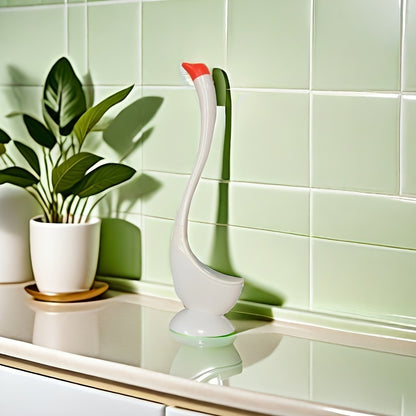 Swan-shaped toilet brush with angled bristles, floor mount, no-drill installation, long handle, medium firmness, kickstand, no electricity required.