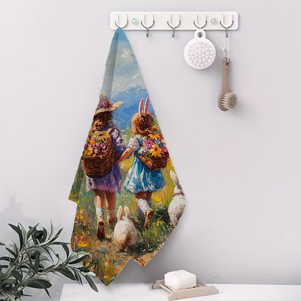 Set of 2 Ultra Soft Kitchen Towels, Perfect for the Easter egg hunt and showcasing the treasures of love in an oil painting style. These highly absorbent dish hand towels are ideal for holiday decor. Machine washable and measuring 16x24 inches each. Item