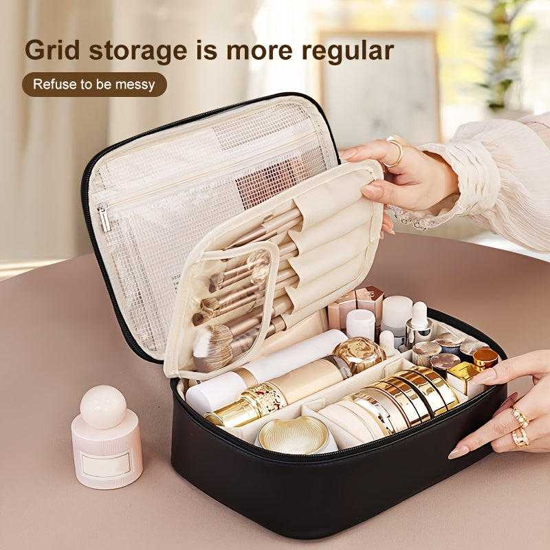 Spacious multi-layer PU cosmetic bag with brush holder, portable storage for beauty essentials, perfect gift for couples.