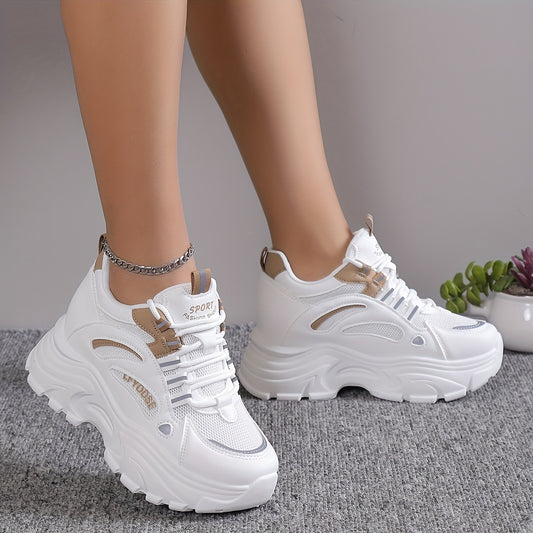 Women's solid color mesh sneakers with lace-up low-top design, round toe, heightening thick sole, and versatile comfort.