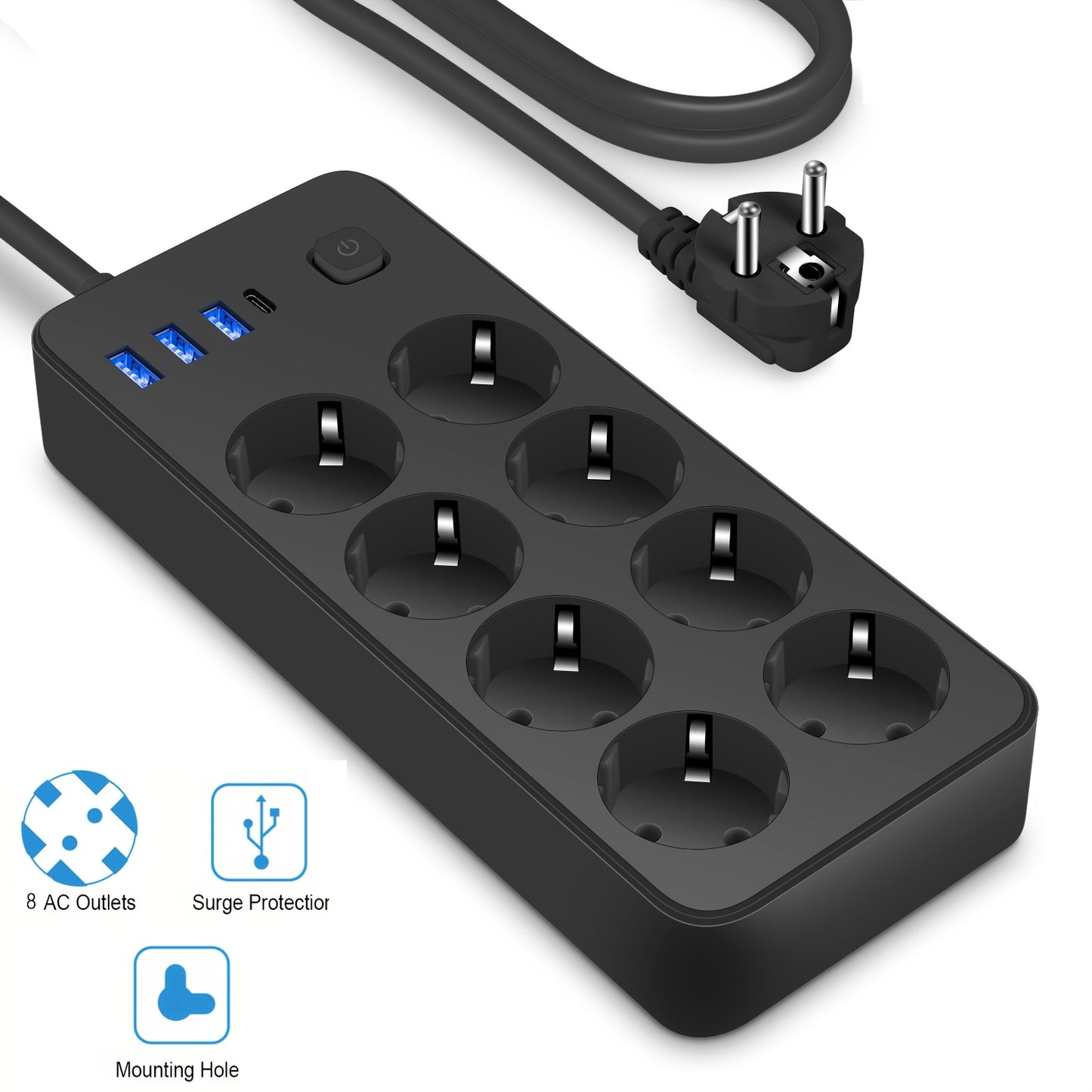 1pc Surge Protector Power Strip with 6 AC Outlets, 3 USB Ports (1 USB-C), and 182.88cm Extension Cord. Wall-mountable and suitable for Home Office Dorm Essentials.