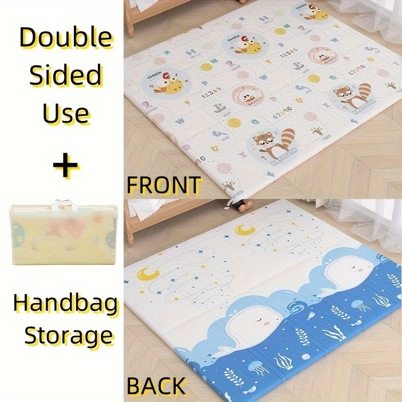 Baby crawling mat with double-sided design, featuring cartoon patterns and waterproof activity surface. Made of soft foam in mixed colors with PE coating. Includes handbag storage for easy carrying. Ideal for infant play and learning.